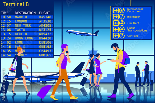 People in the airport terminal. Handmade drawing vector illustration