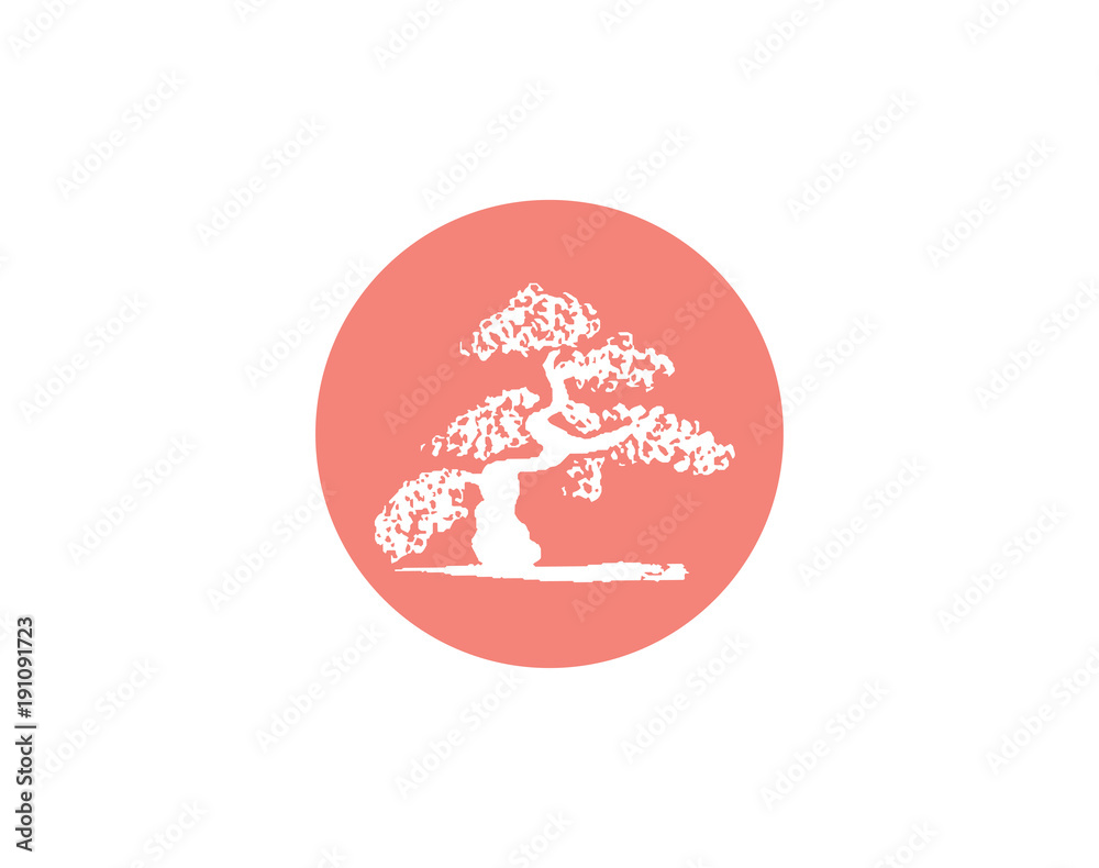 Vector illustration of the Japanese flag with a silhouette of a bonsai tree in pink circle center. Modern symbol of Japan. Vector illustration of the Japanese flag with a silhouette of a bonsai tree in pink circle center. Modern symbol of Japan.