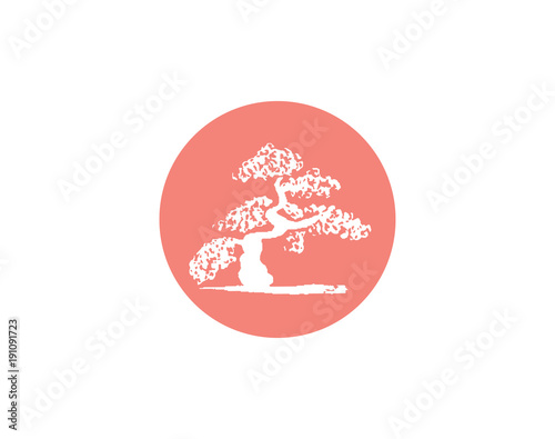 Vector illustration of the Japanese flag with a silhouette of a bonsai tree in pink circle center. Modern symbol of Japan. © olhabocharova