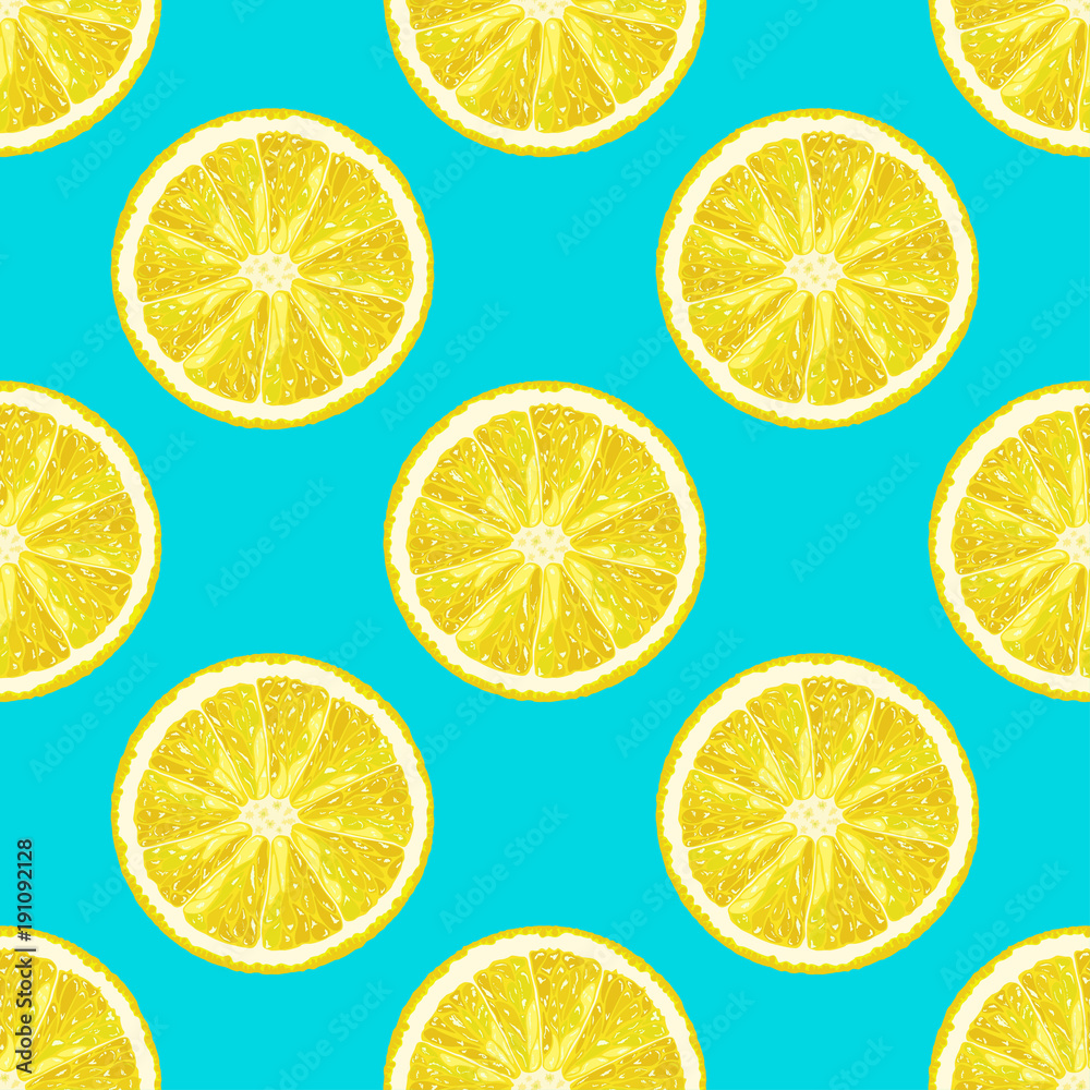 Vector seamless pattern of lemon slices on bright blue background. Summer citrus background