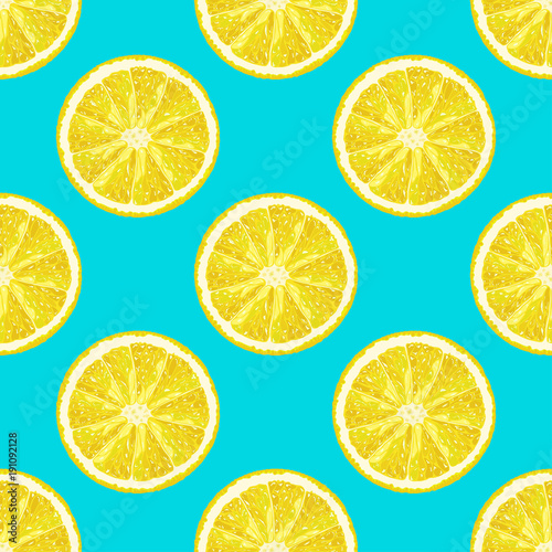 Vector seamless pattern of lemon slices on bright blue background. Summer citrus background