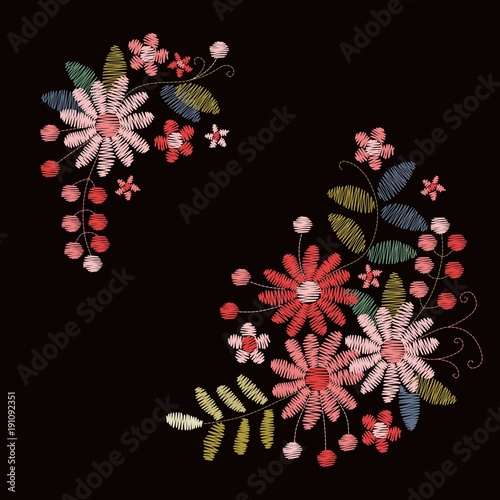 Embroidery design with pink and red flowers, leaves and berries. Colorful floral composition on black background.