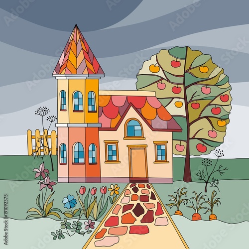 Colorful country house with tower in garden with apple tree, flowers and garden beds. Vector illustration.
