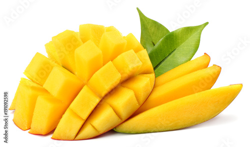 mango slice with green leaves isolated on white background. top view