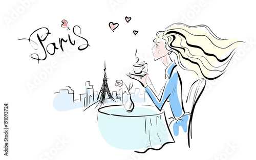 Illustration sketch about a girl and Paris. Lonely beautiful girl with long hair and elegant profile, drinking coffee in open-air restaurant on the background of the Eiffel and Paris. She dreams of