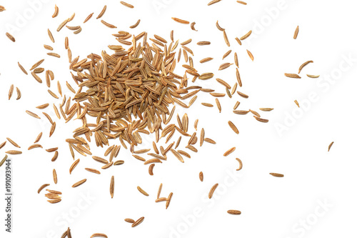Cumin or caraway seeds isolated on white background. Top view