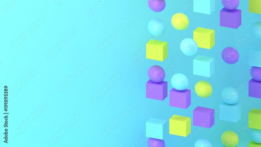 3d cubes and spheres background. Abstract wallpaper. Flying geometric shapes. Trendy modern illustration. 3d rendering. Falling squares and balls. Colorful poster backdrop. Minimal style.