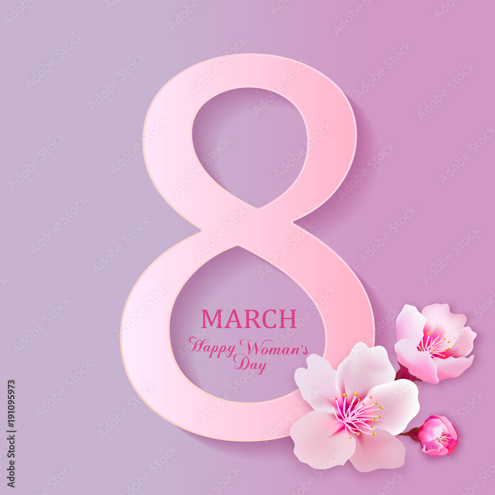 8 march modern background design with flowers. Happy women's day stylish greeting card with cherry blossoms