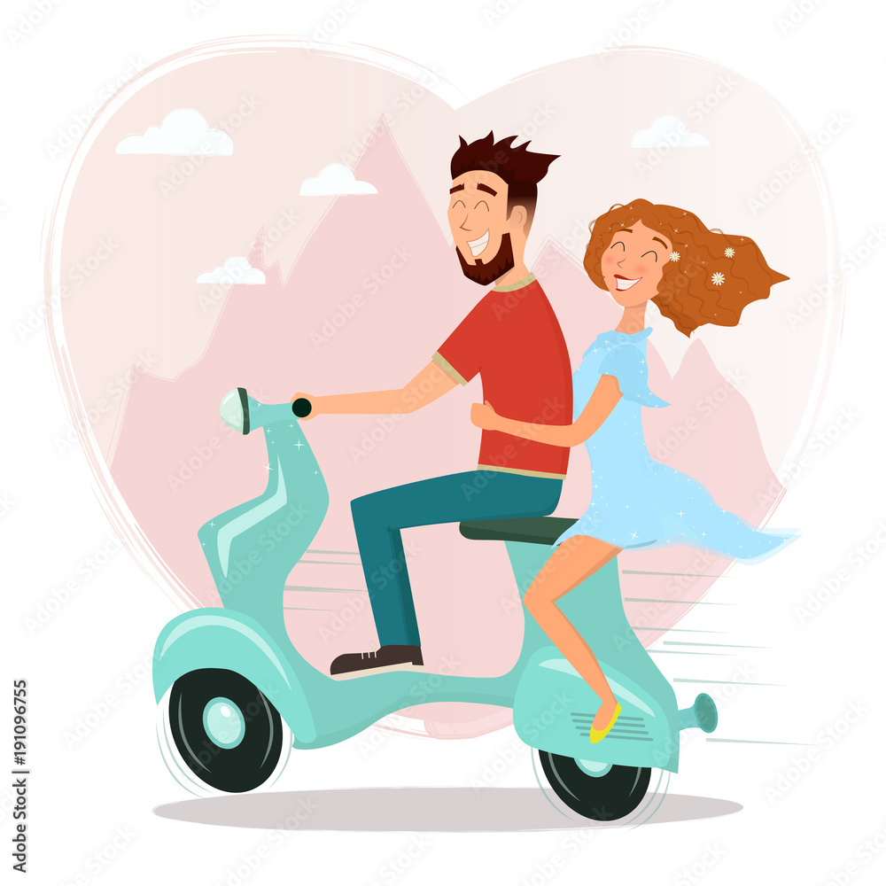 Happy man and woman in love riding a scooter. Vector cartoon illustration.