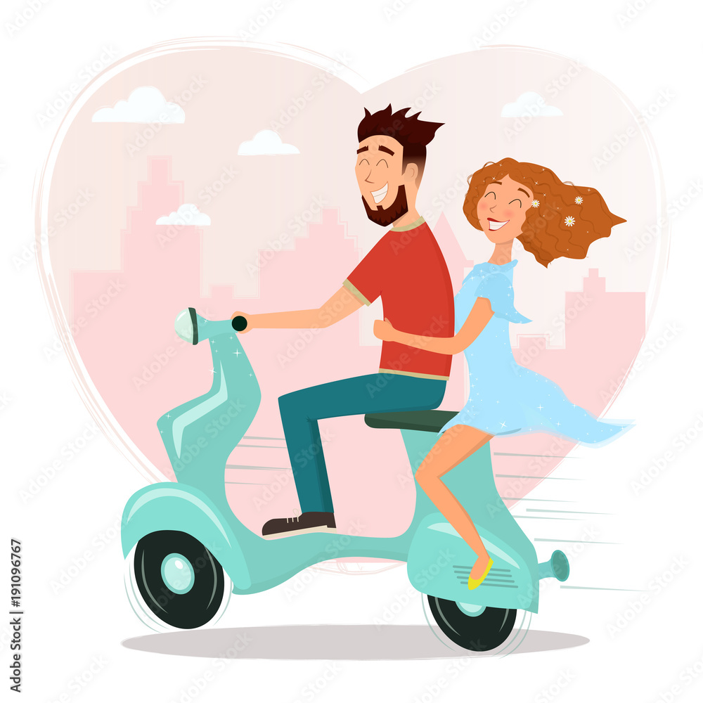Happy man and woman in love riding a scooter. Vector cartoon illustration. Happy man and woman in love riding a scooter. Vector cartoon illustration.