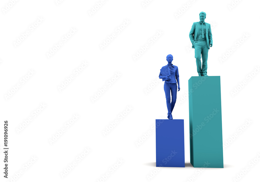 Gender equality concept. Businesswoman and businessman on two towers. 3D Rendering Gender equality concept. Businesswoman and businessman on two towers. 3D Rendering