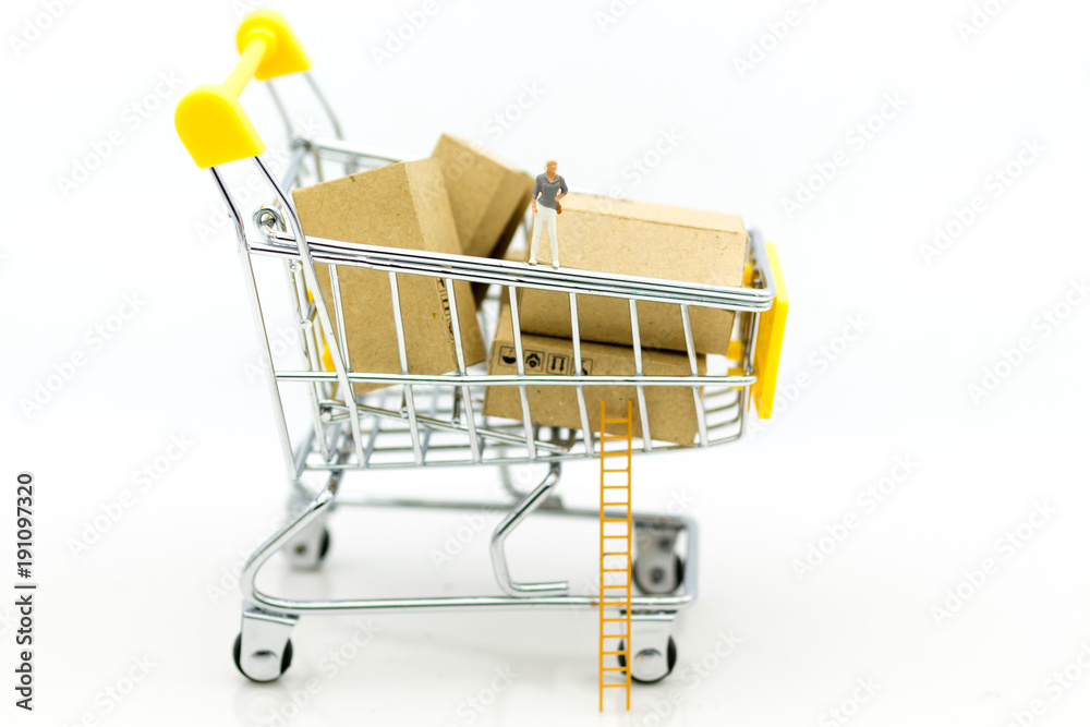 Shopping cart with box inside for retail business. Image use for online and offline shopping, marketing place world wide. Shopping cart with box inside for retail business. Image use for online and offline shopping, marketing place world wide.