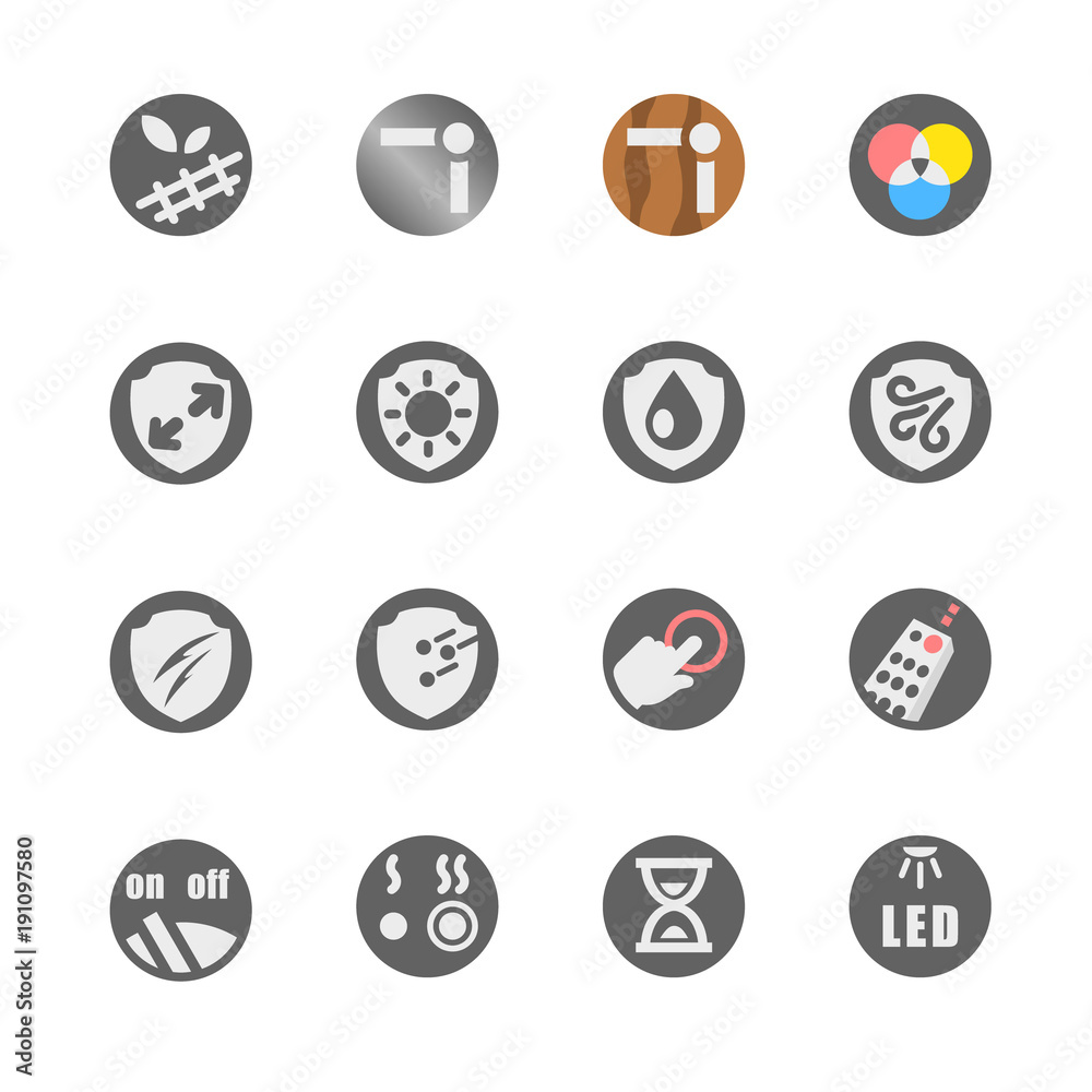 Icon set of furniture and equipment features / Glyph icon set of furniture and equipment features as material, protection, timer, mode
