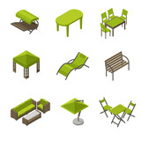 Icon set of garden furniture in isometric style / Isometric icons of garden furniture as umbrella, wooden and plastic tables, swing and awning
