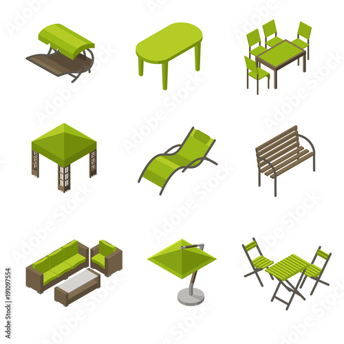 Icon set of garden furniture in isometric style / Isometric icons of garden furniture as umbrella, wooden and plastic tables, swing and awning
