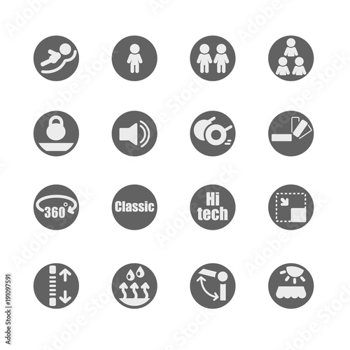 Icon set of furniture and equipment features / Glyph icon set of furniture and equipment features as spaciousness, wheels, style, adjustment of parameters
