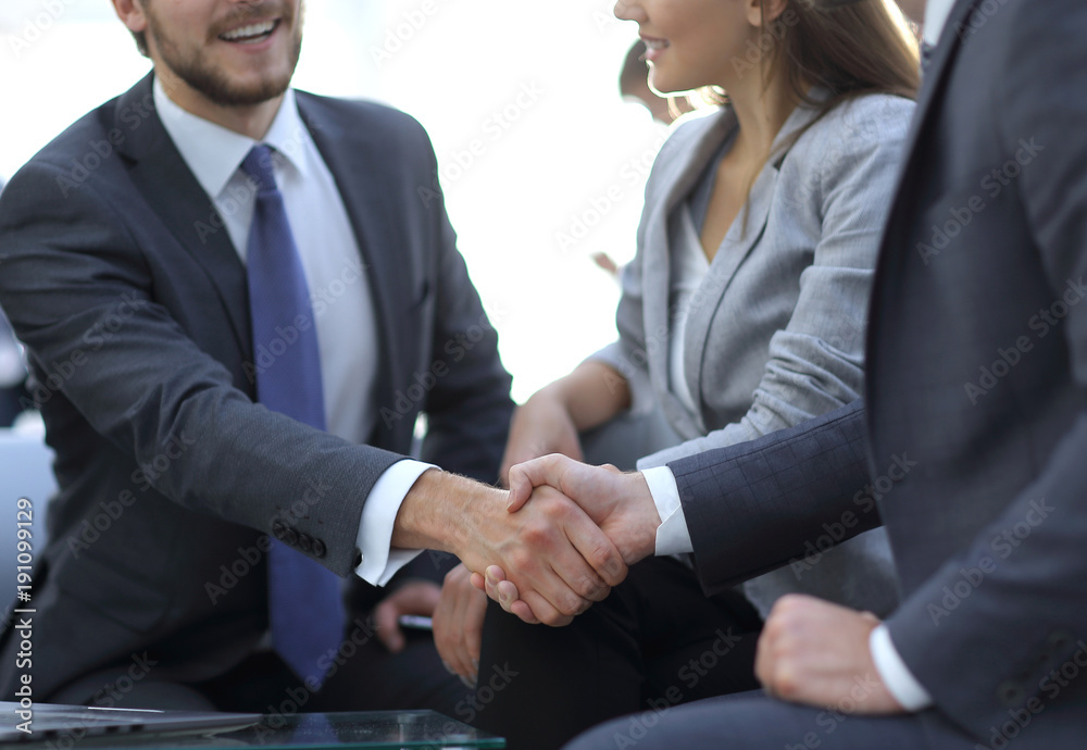 Two colleagues handshaking after meeting. Two colleagues handshaking after meeting.