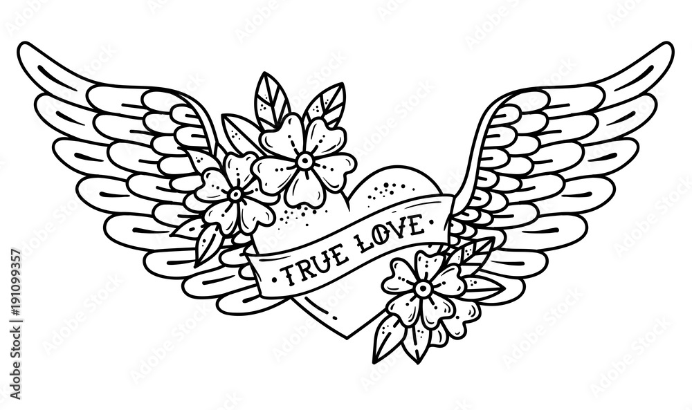Tattoo flying heart with wings. Tattoo heart with ribbon and flowers. TRUE  LOVE. Black and white illustration Stock Vector | Adobe Stock