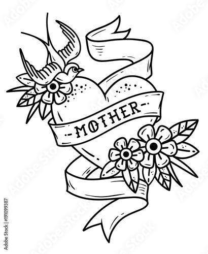 Isolated tattoo heart with ribbon, swallow, flowers and word Mother. Black and white illustration for Mother Day.