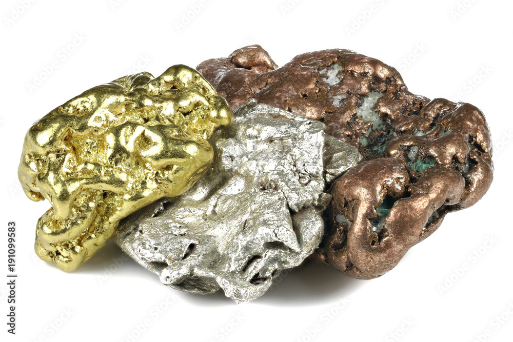 native gold, silver and copper nuggets isolated on white background native gold, silver and copper nuggets isolated on white background