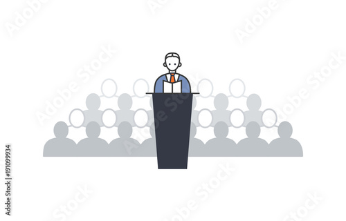Orator speaking from tribune on a background of crowd