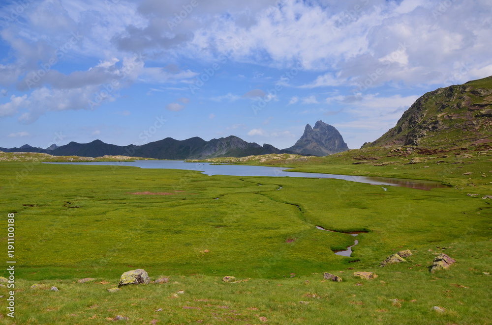 Green meadow with blue lake and mountain range in the background