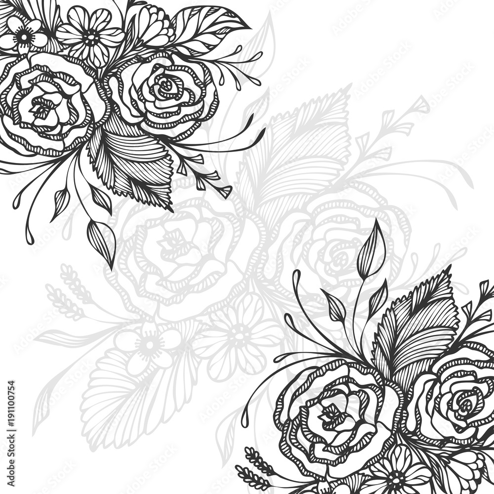 Hand drawn background with flowers bouquet black on white for decoration  Wedding invitation congratulation or for adult relax coloring page or for  decoration package of cosmetic perfume Stock Vector | Adobe Stock
