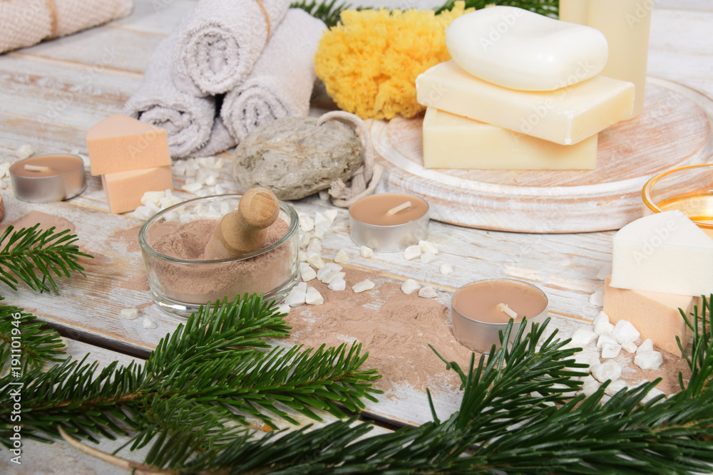 natural body soap and hot bath on a winter evening with a free space for text natural body soap and hot bath on a winter evening with a free space for text