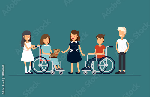 Group of happy children communicate with each other and and playing together. Caring for the disabled child concept.