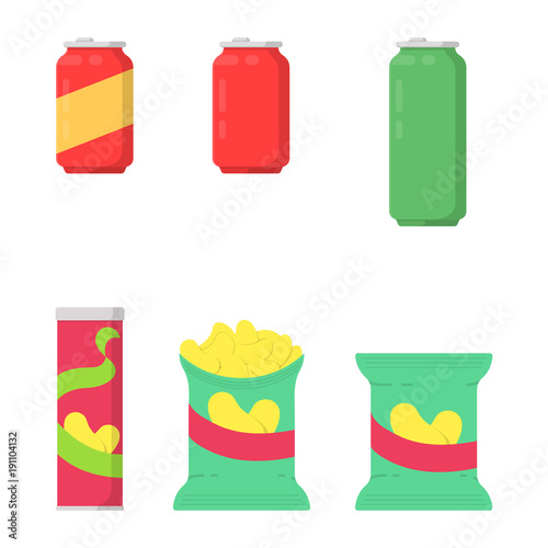 Set icon soda and bag of chips