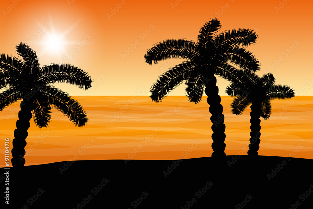 Beautiful orange sunset with palm trees and water with waves.