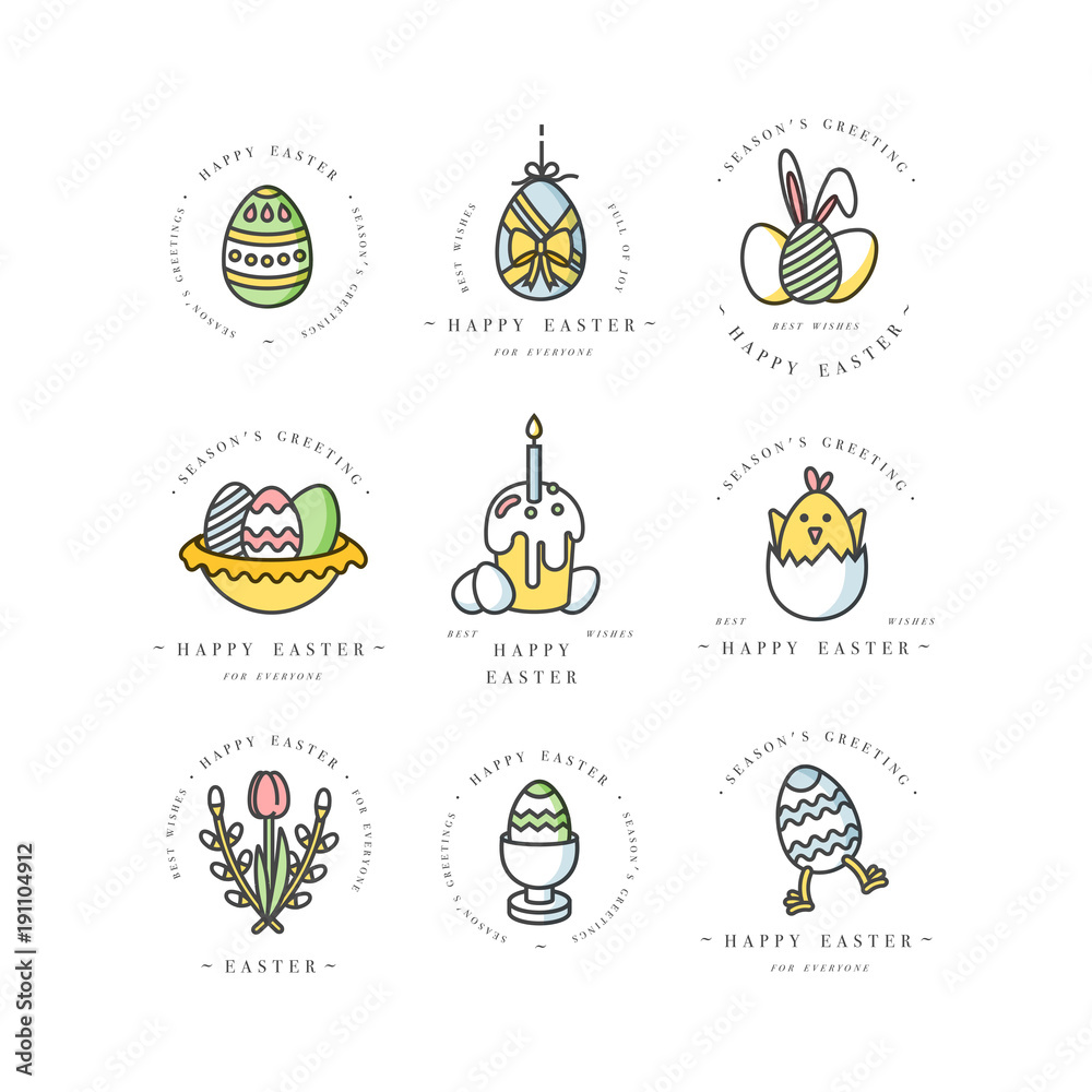 Vector linear golden design Easter greetings elements . Set of typography ang icon for Happy Easter cards, banners or posters and other printables. Spring holidays design elements.