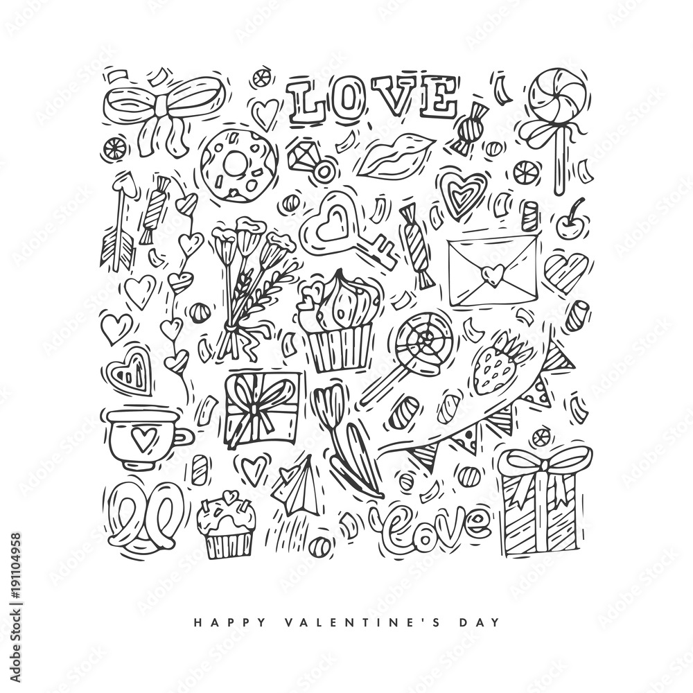 Happy Valentines day greeting background. Love icon. Sketch linear style illustration for Valentines day with love staff.