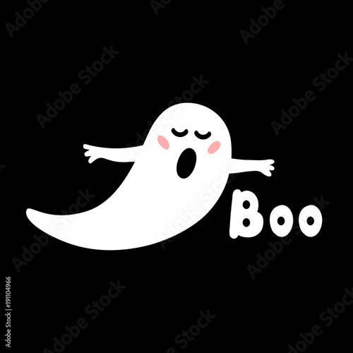 Halloween greeting card Ghost with blush speech "Boo". Doodles hand drawn illustration on black background.