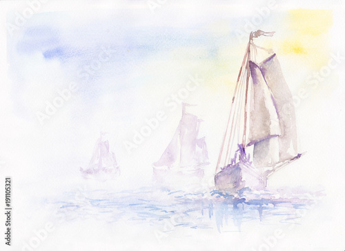 yachting regatta sails on the sea, through the silence and fog. Watercolor.