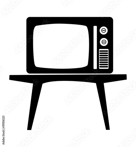 Black silhouette icon of the vintage television on the table.