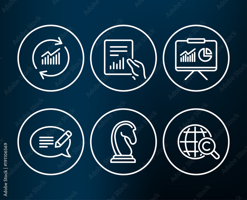 Set of Message, Update data and Presentation icons. Document, Marketing strategy and International Сopyright signs. Speech bubble, Sales statistics, Board with charts. Vector Set of Message, Update data and Presentation icons. Document, Marketing strategy and International Сopyright signs. Speech bubble, Sales statistics, Board with charts. Vector