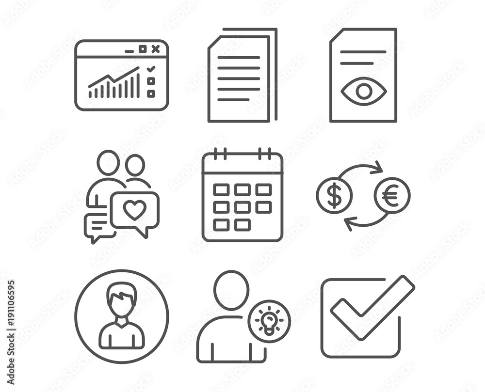 Set of Currency exchange, User idea and Web traffic icons. Calendar, View document and Copy files signs. Person, Dating chat and Checkbox symbols. Banking finance. Light bulb. Website window. Vector Set of Currency exchange, User idea and Web traffic icons. Calendar, View document and Copy files signs. Person, Dating chat and Checkbox symbols. Banking finance. Light bulb. Website window. Vector