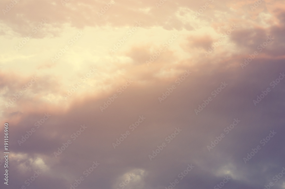 Sky background or texture at the sunset time with clouds. Copy space. Instagram