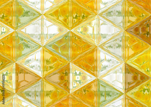 Orange and yellow background polygon effect patchwork with green and white  transparent glass effect  picture of spring or summer