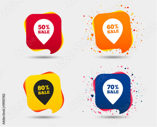 Sale pointer tag icons. Discount special offer symbols. 50%, 60%, 70% and 80% percent sale signs. Speech bubbles or chat symbols. Colored elements. Vector
