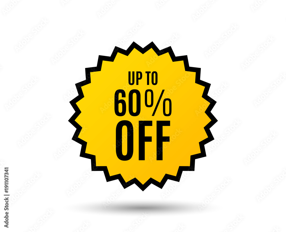 Up to 60% off Sale. Discount offer price sign. Special offer symbol. Save 60 percentages. Star button. Graphic design element. Vector Up to 60% off Sale. Discount offer price sign. Special offer symbol. Save 60 percentages. Star button. Graphic design element. Vector