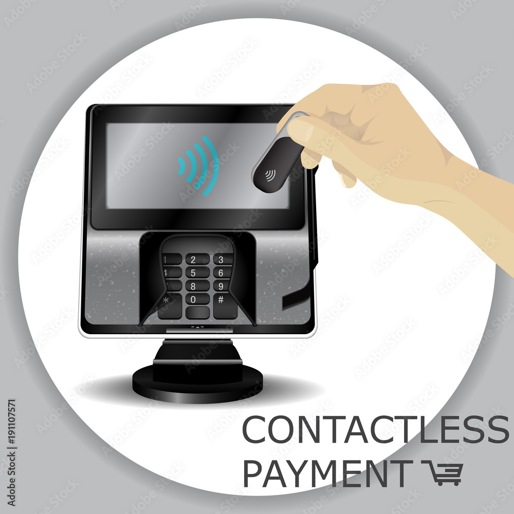Hand holding wireless, contactless fob, keychain for payments through wifi pos terminals. Pay fob keychain key ring with tap-and-pay system. Vector Hand holding wireless, contactless fob, keychain for payments through wifi pos terminals. Pay fob keychain key ring with tap-and-pay system. Vector