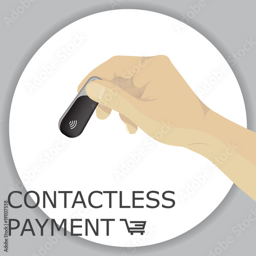 Hand holding wireless, contactless fob, keychain for payments through wifi pos terminals. Pay fob keychain key ring with tap-and-pay system.   Vector