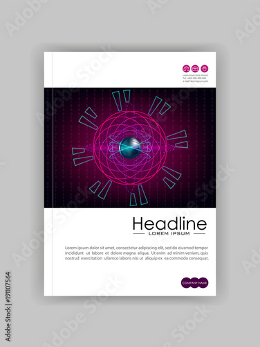 Cover template web banner with HUD atom futuristic metallic core and electrons. Numbers, lines. Good for report, flyer, book, journal, magazine. Vector.