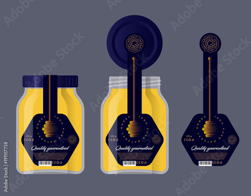 Packaging for honey. Honey logo. Honey dipper icon Glass jar and lid with a label. 