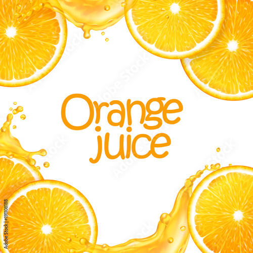 3d realistic vector background made of sliced juicy oranges and splash juice. Editable handmade mesh