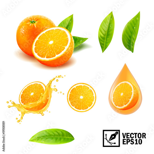 3d realistic vector set of elements ( whole orange, sliced orange, splash orange juice, drop orange oil, leaves) Fototapet