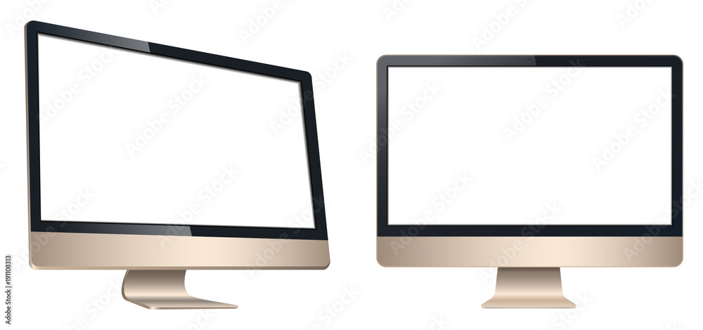LCD computer, tv monitor view front and left isolated on a white background - obrazy, fototapety, plakaty 