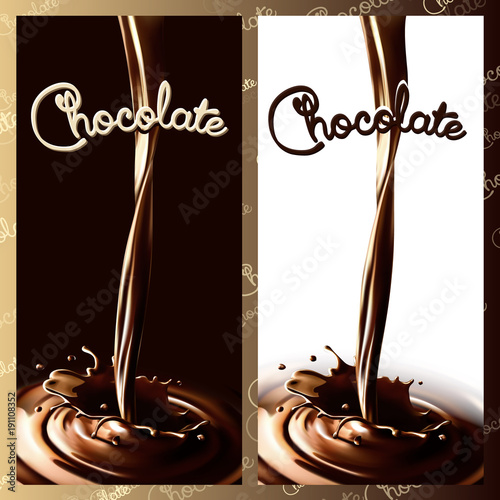 Realistic splash flowing chocolate or cocoa in the dark and white background. Isolated vector design elements